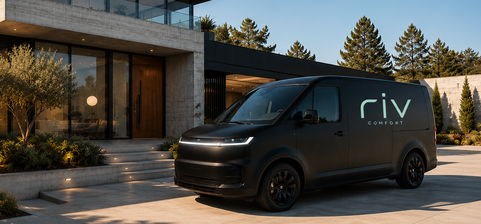 RIV Comfort service van outside a modern concrete residence