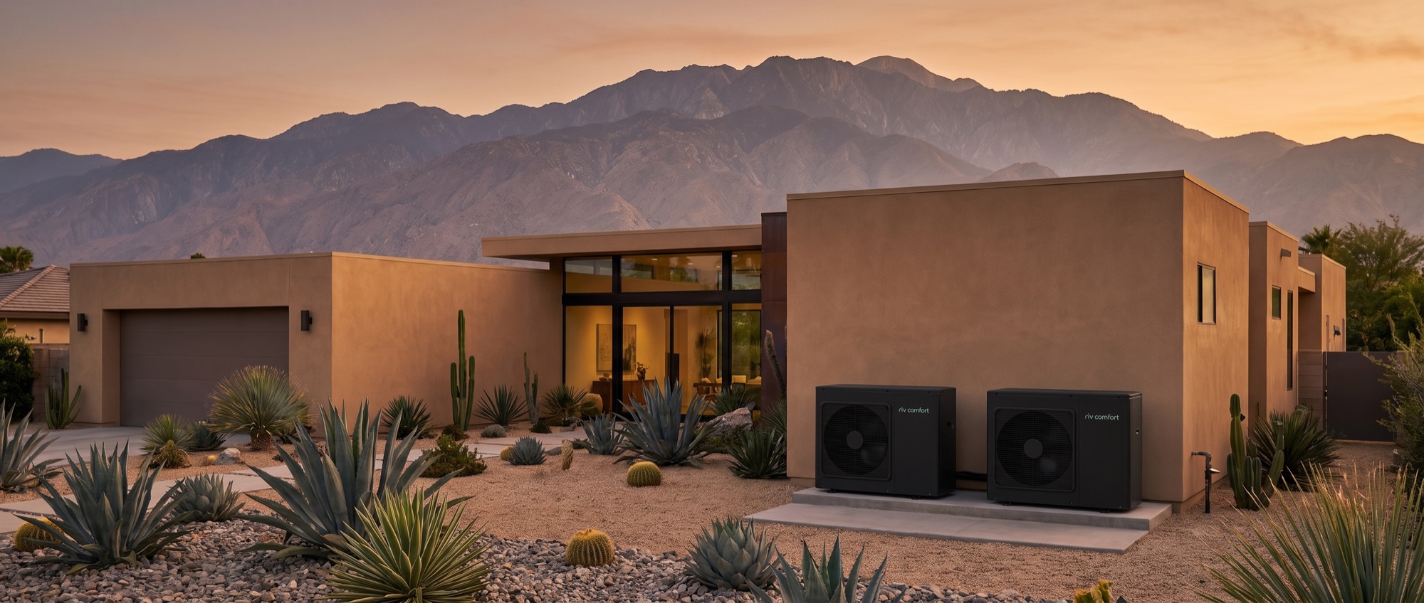 RIV Comfort heat pump units beside an Inland Empire home with the San Bernardino mountains behind