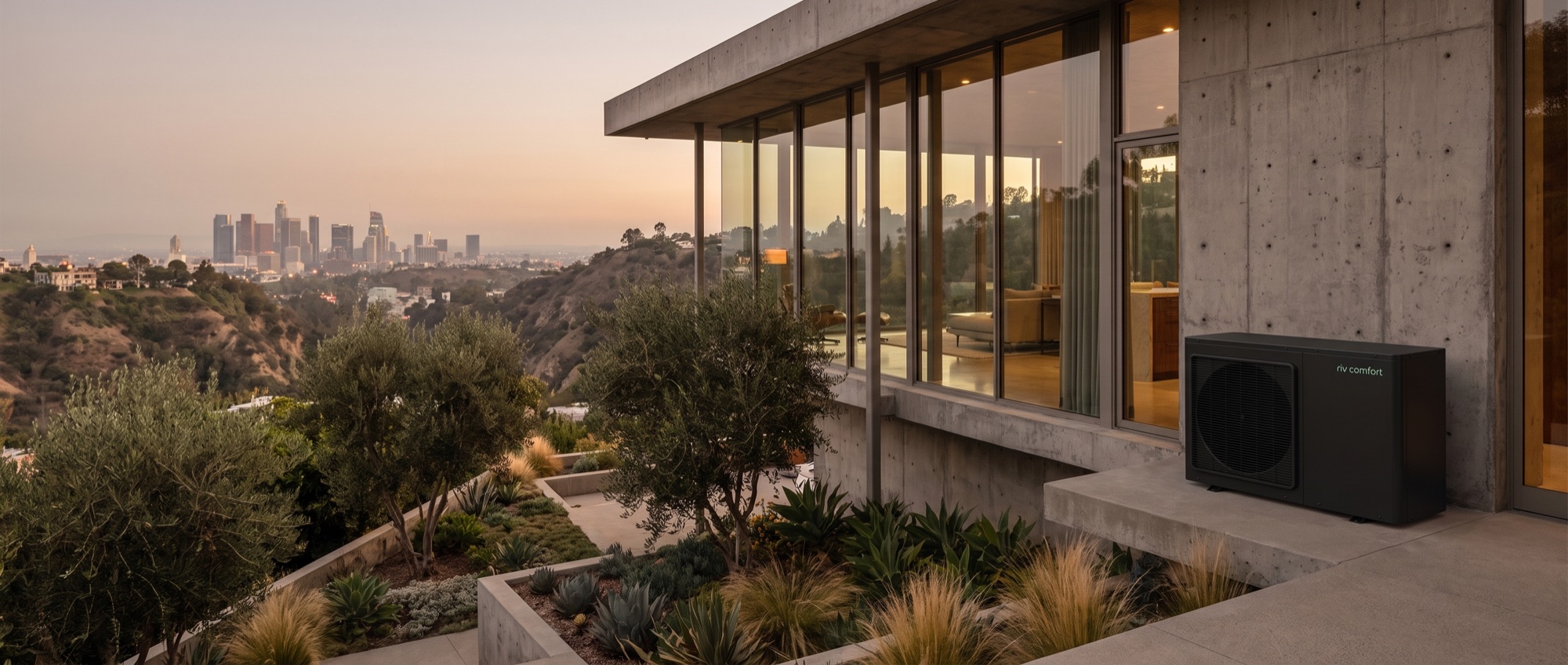 RIV Comfort condenser unit at a modern Los Angeles hillside home