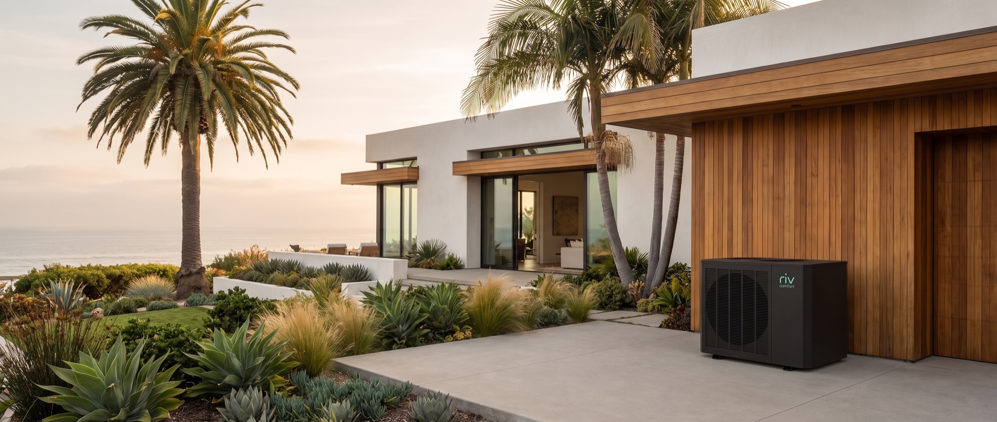 RIV Comfort condenser unit beside a modern Orange County coastal home