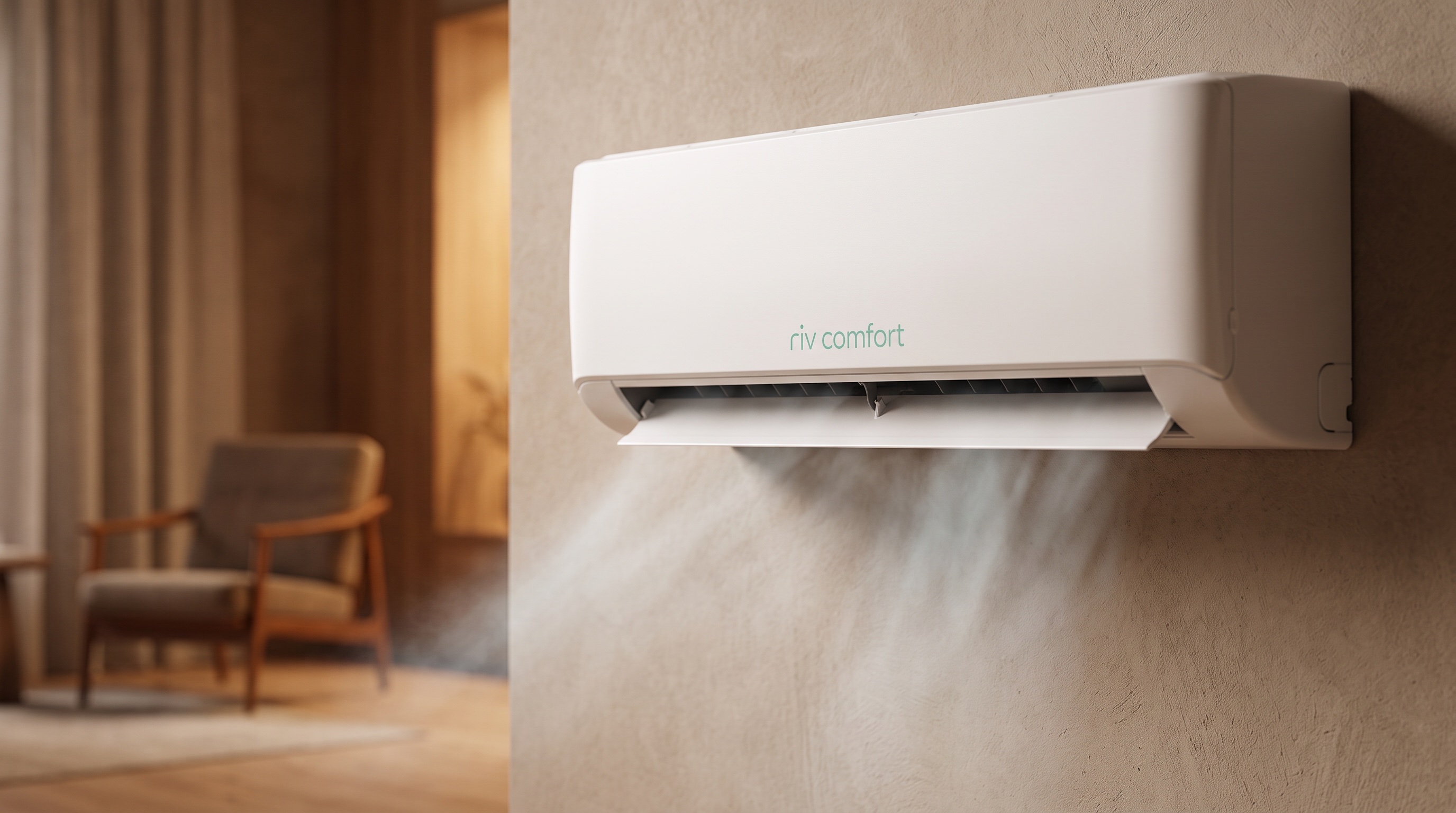 Close-up of a RIV Comfort mini split indoor unit releasing cool air