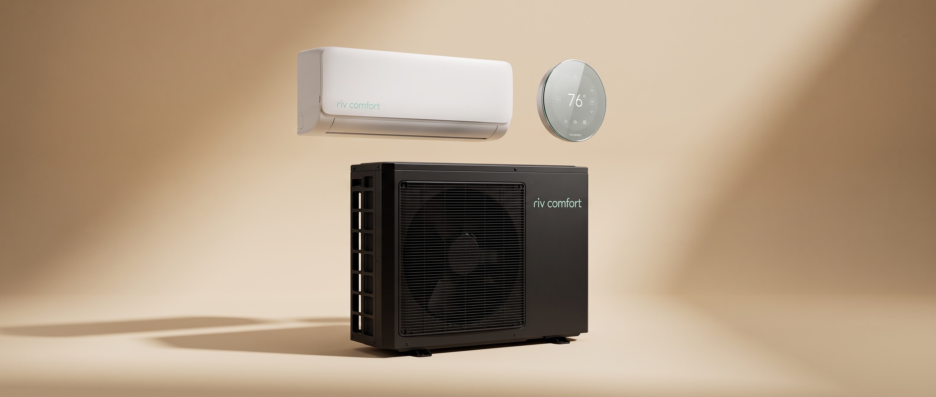 RIV Comfort system family: wall-mounted mini split, smart thermostat and heat pump condenser