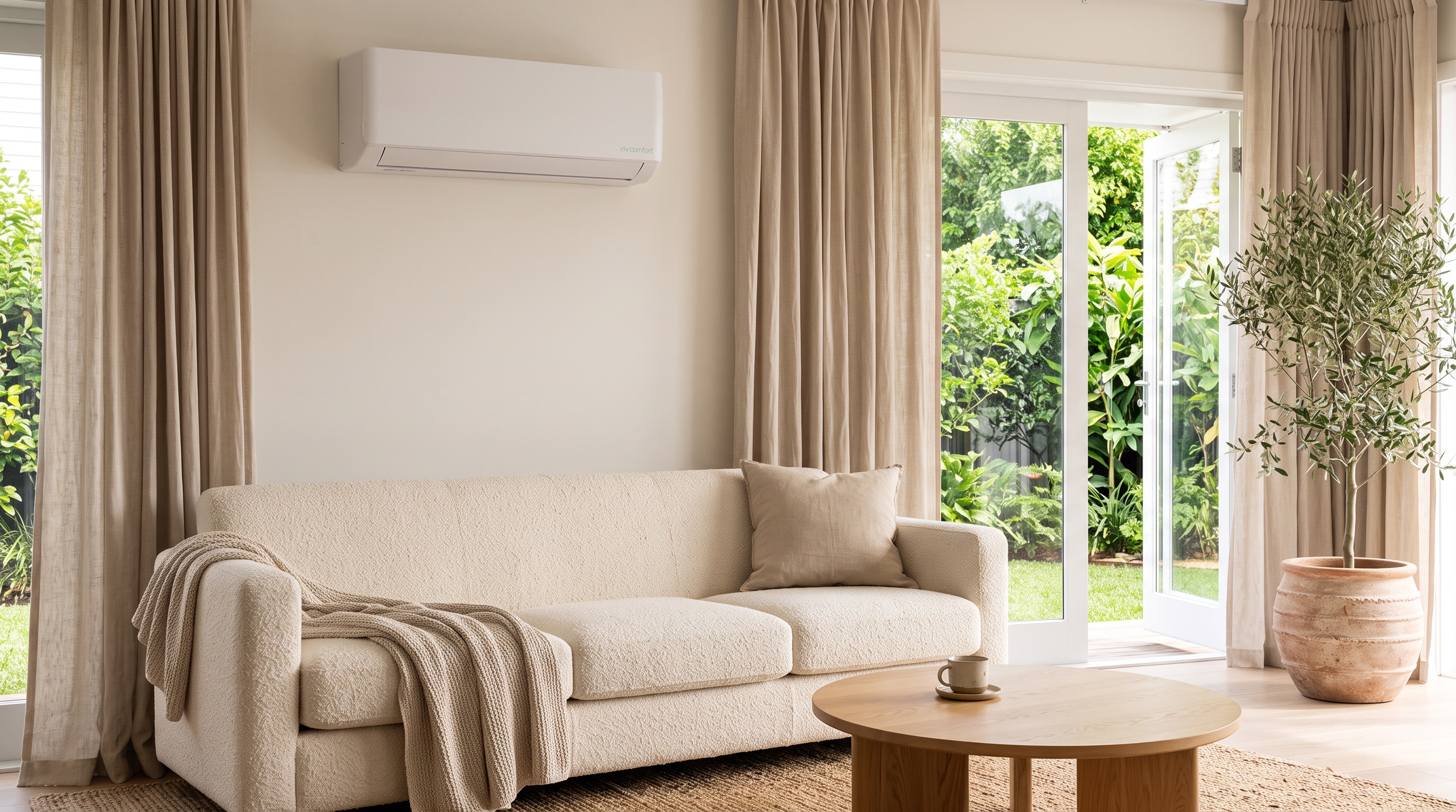 RIV Comfort wall-mounted mini split in a warm minimalist living room