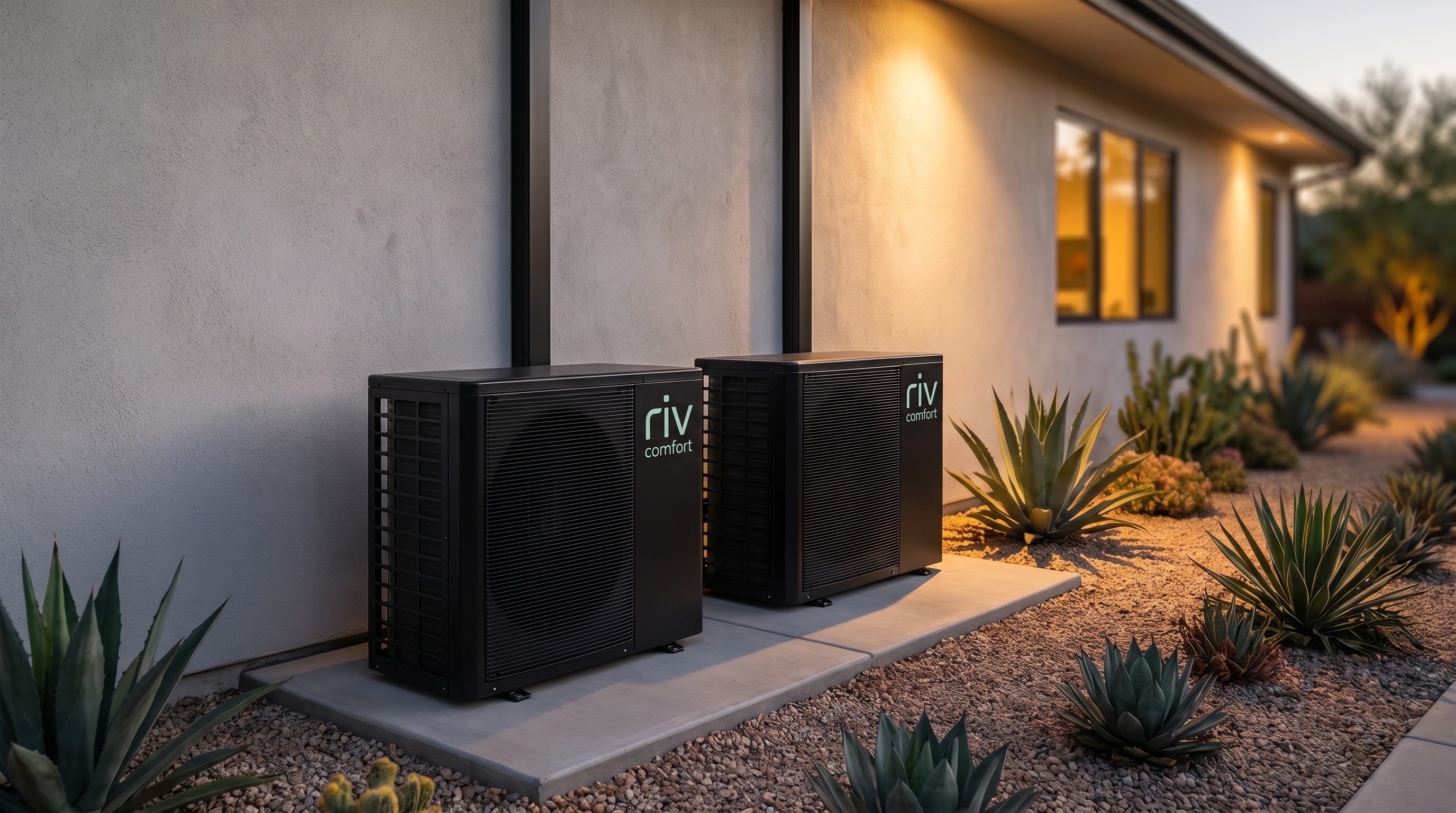 Two RIV Comfort heat pump condensers installed on a concrete pad beside a modern Los Angeles home at dusk